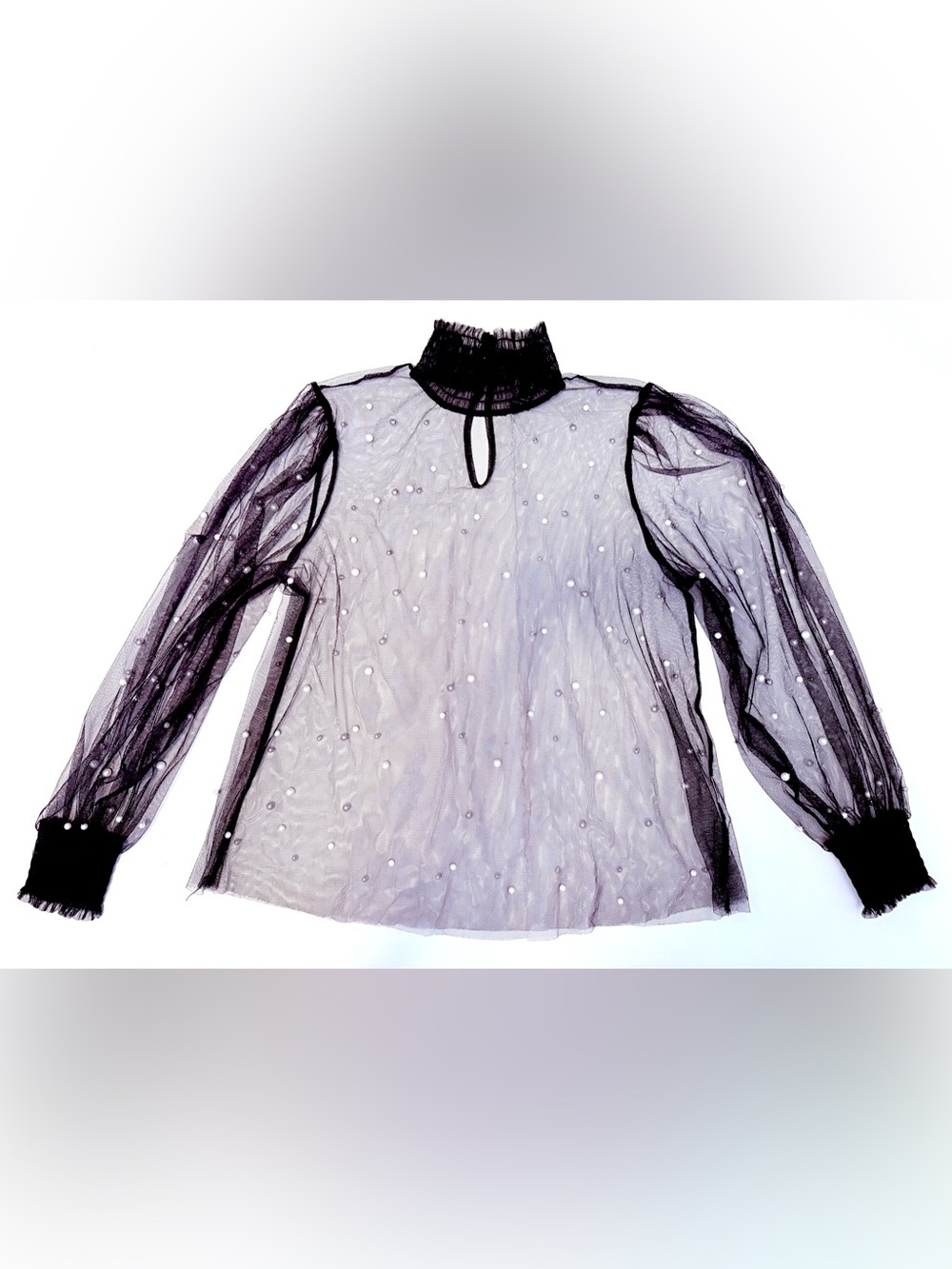 Forever 21 Black Sheer Pearl-Accent Mock Neck Blouse